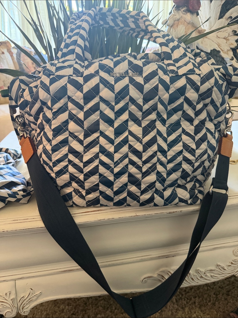 MZ Wallace Quilted Chevron Tote in Navy and White